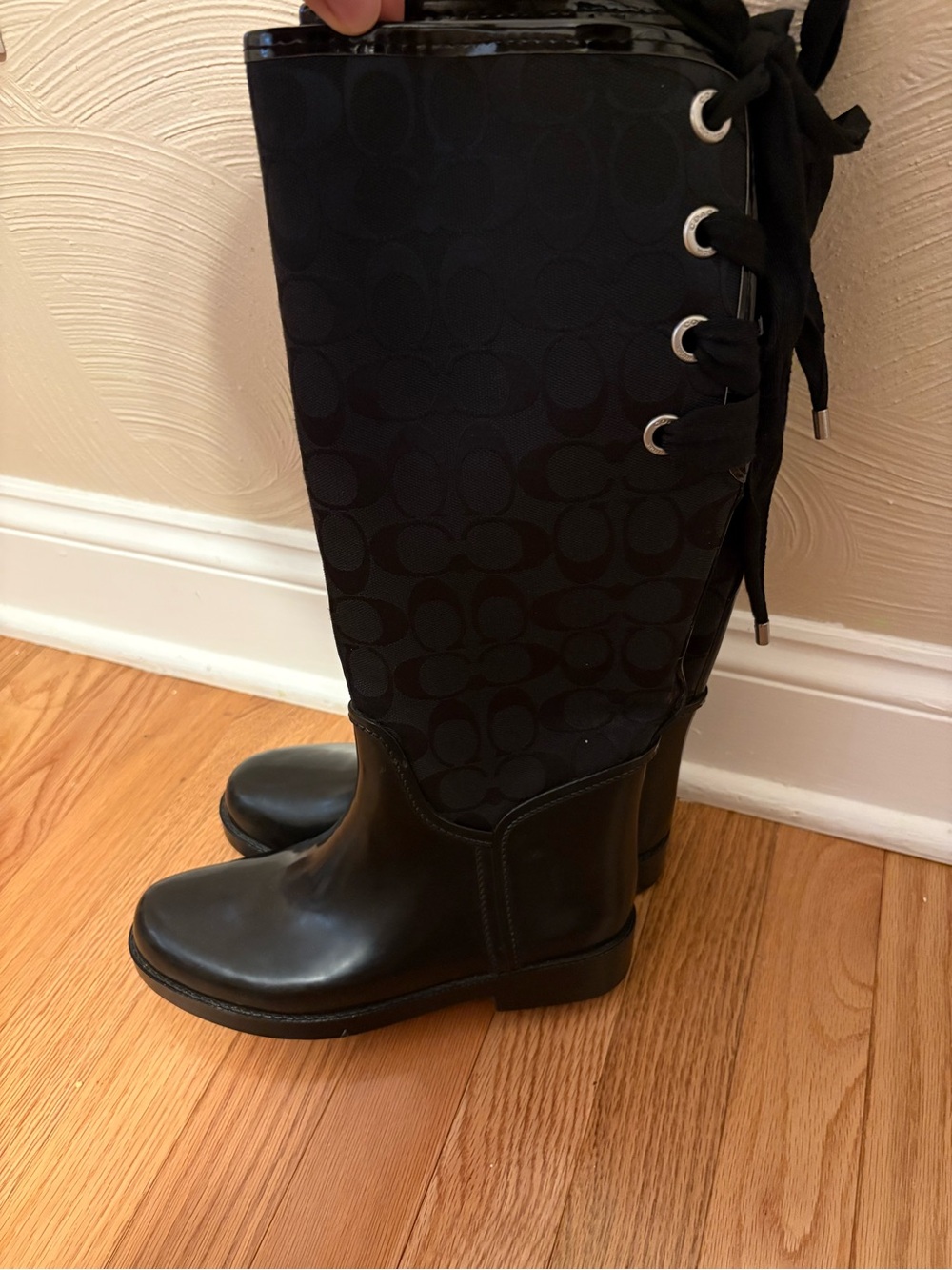 Coach Black Lace-Up Tall Signature-Pattern Boots